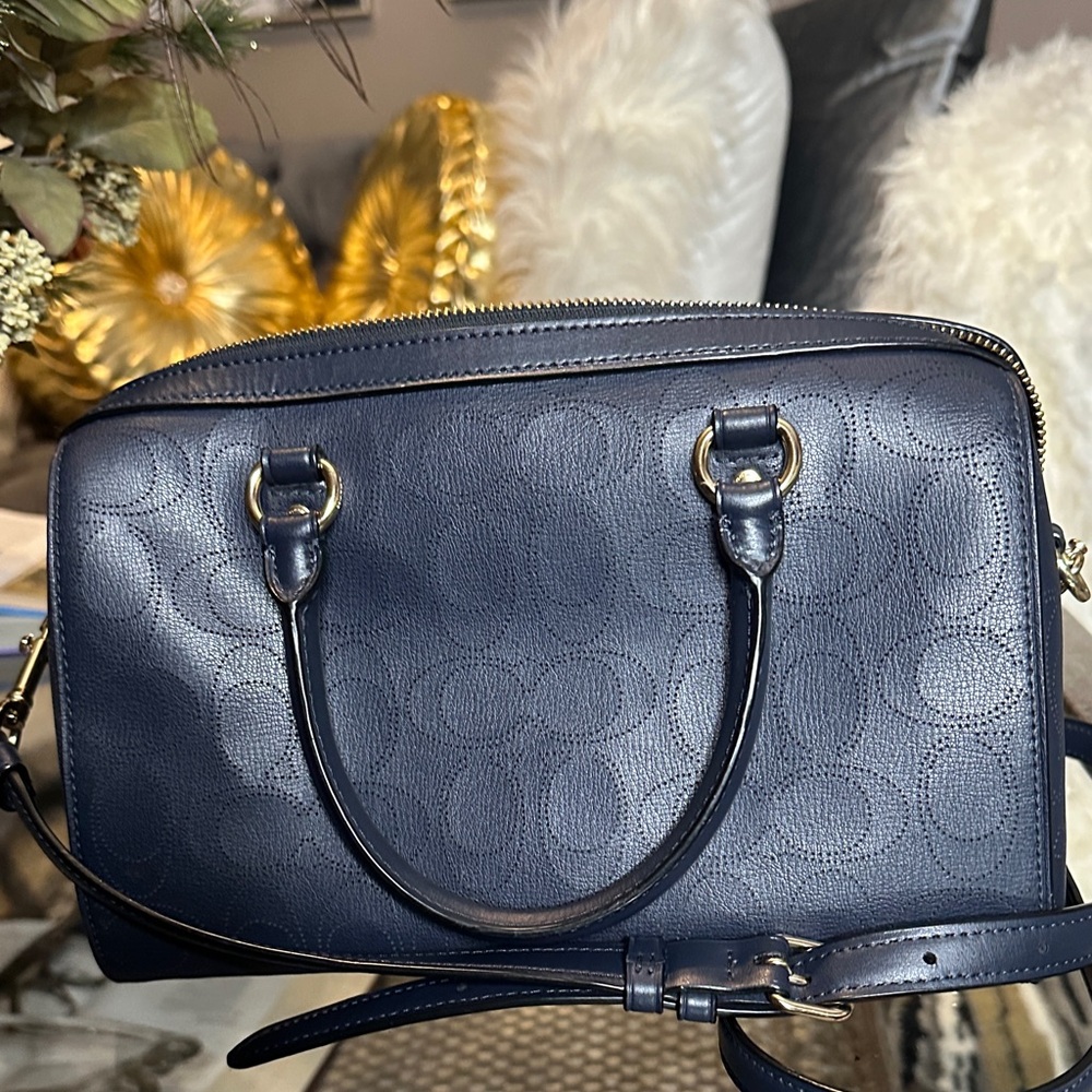Coach Dark Blue Embossed Leather Satchel - Picture 5 of 8